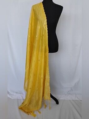 Yellow Embroidered Cotton Women Dupatra With Mirror Embellishments